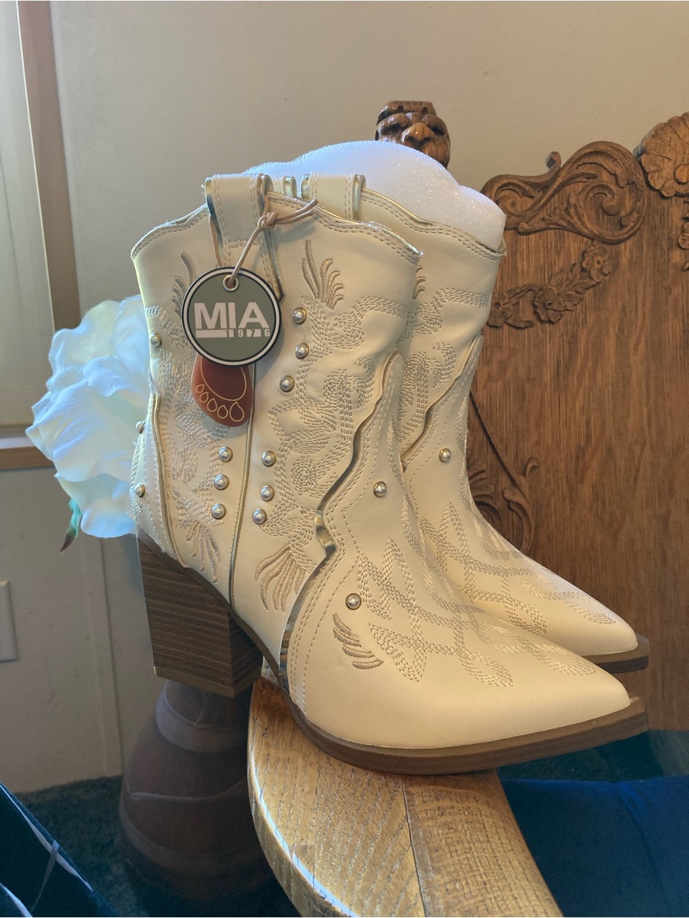 MIA Cream Western Embroidered Ankle Boots